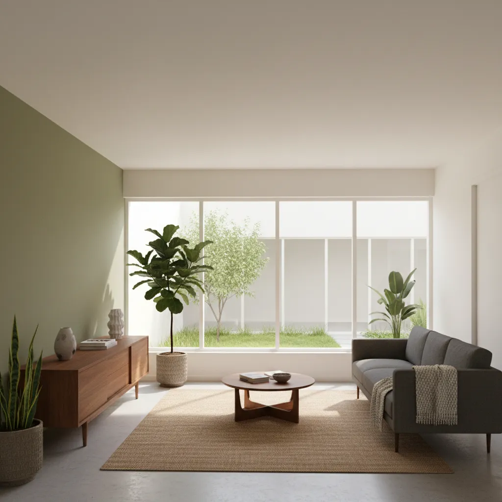 Mid century modern living room showing muted retro color palette and walnut furniture