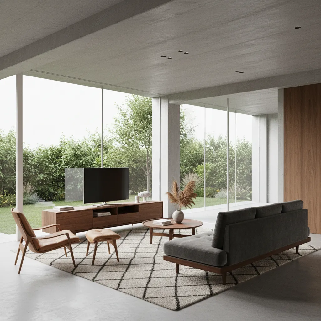 mid century furniture arranged in a modern open floor plan living room
