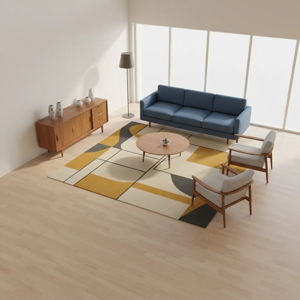 Mid century furniture layout showing proper spacing and scale