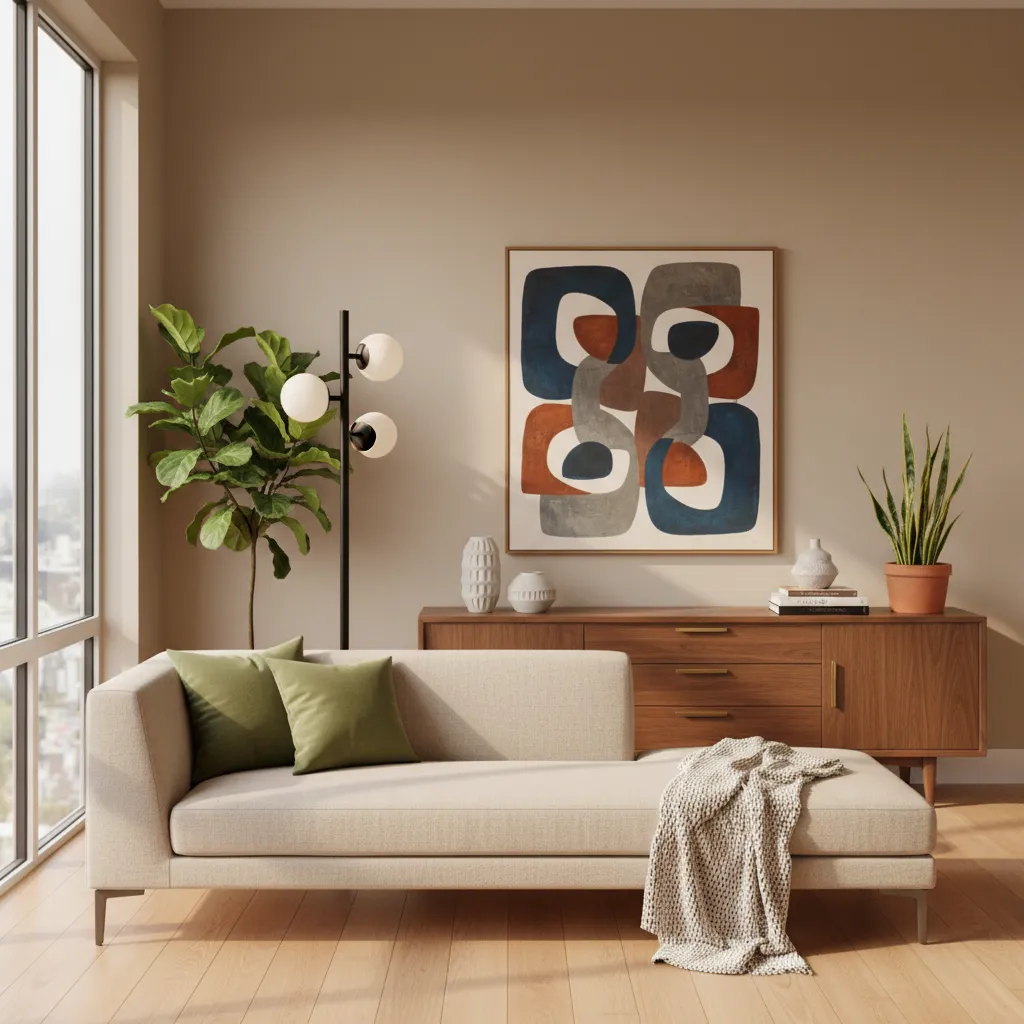 contemporary living room styled with mid century modern furniture and lighting