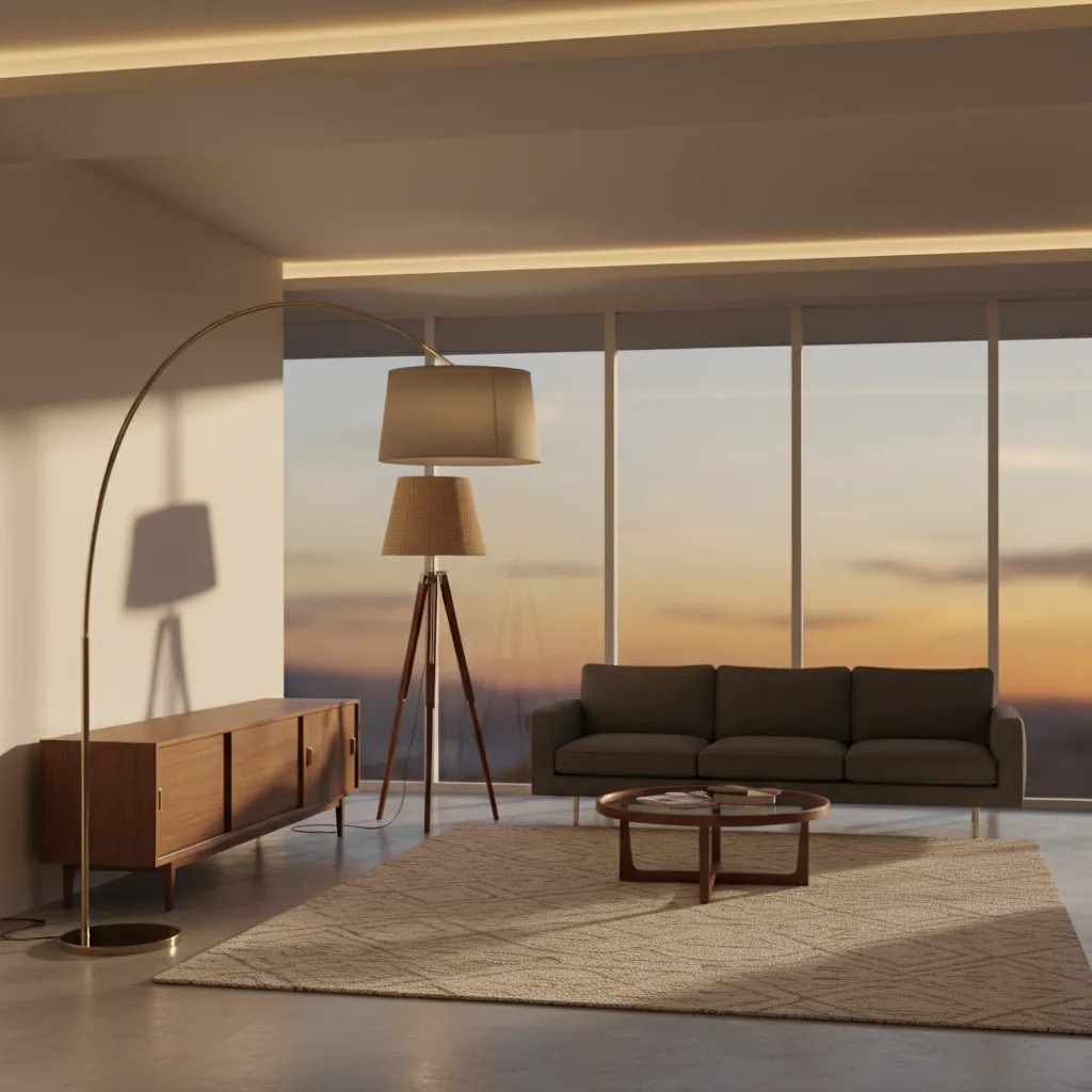 Mid century modern living room with arc floor lamp and layered lighting