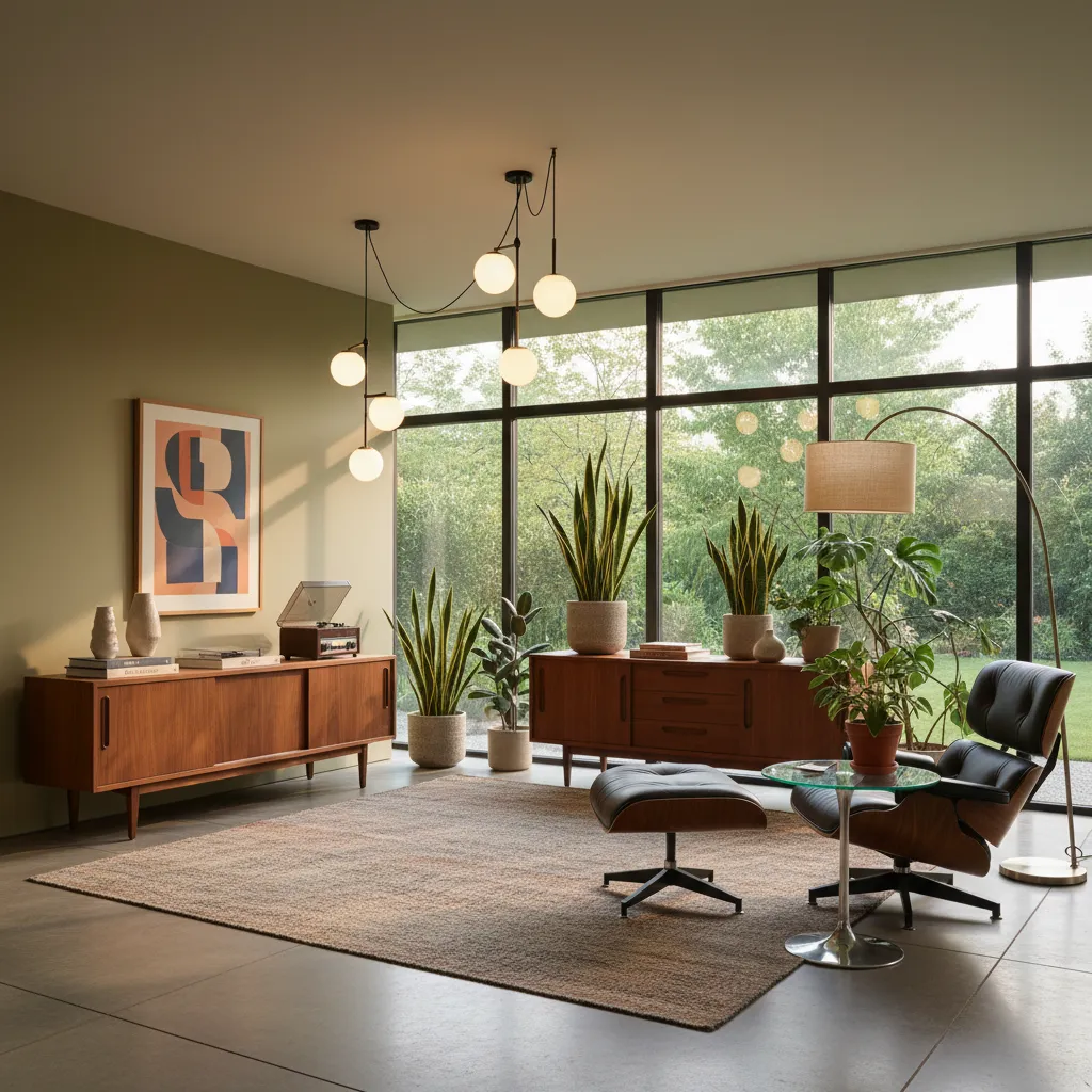 Salón moderno de estilo mid century con mobiliario icónico