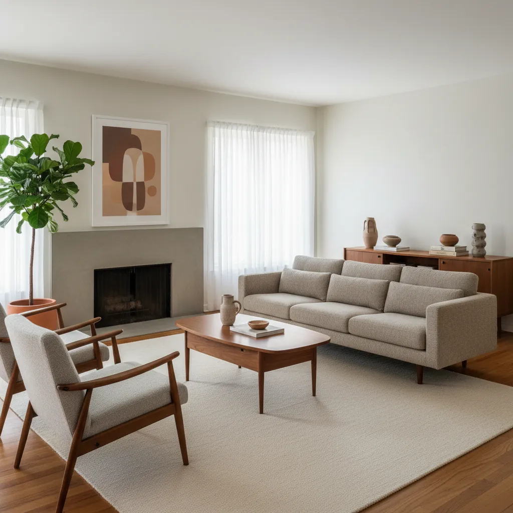 mid century modern living room with wooden furniture and tapered legs
