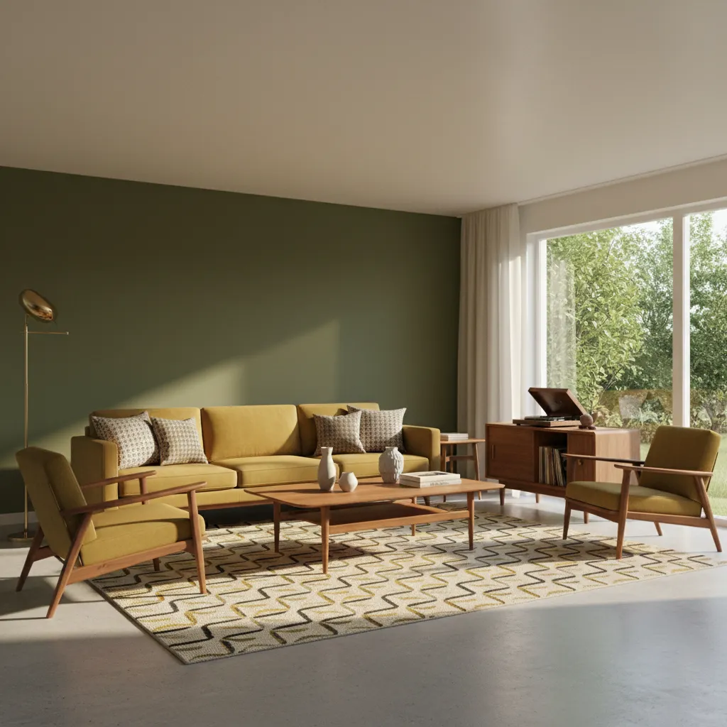mid century modern living room with mustard accents and walnut furniture