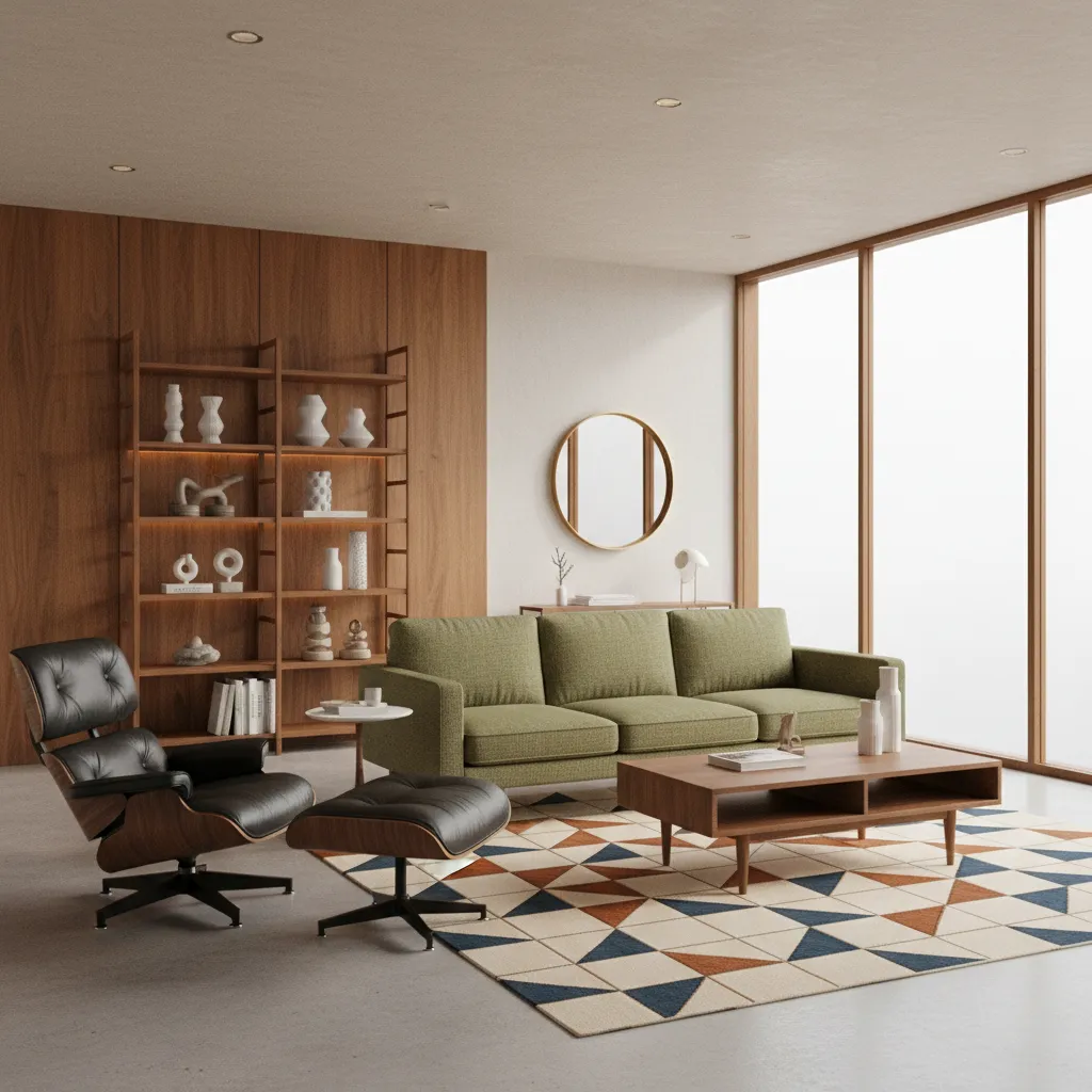 Mid century modern living room with walnut furniture and iconic lounge chair