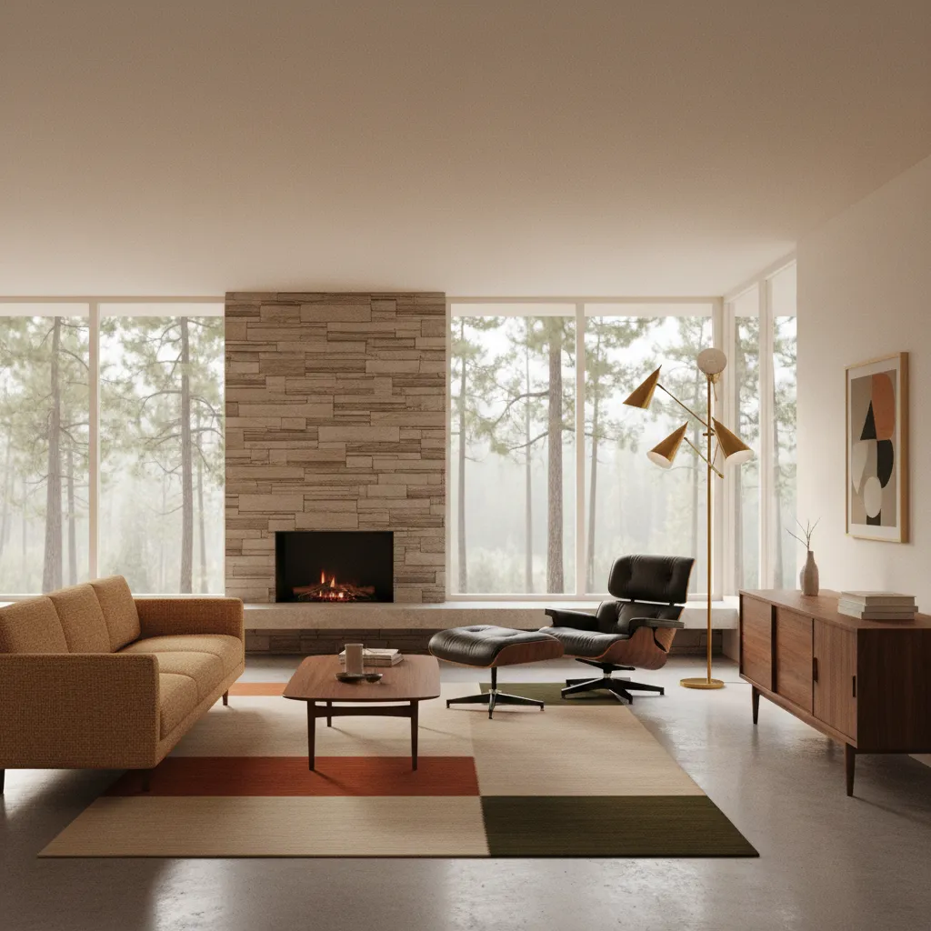 Mid century modern living room with walnut furniture and iconic lounge chair