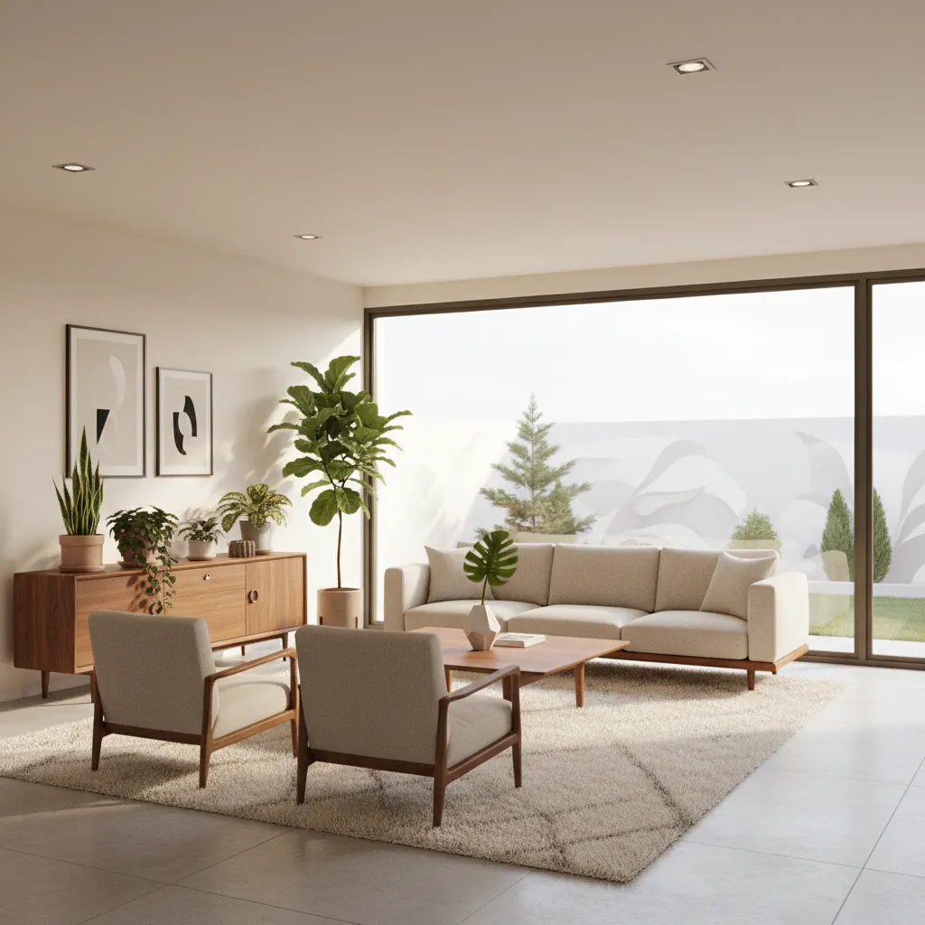 open mid century modern living room layout with low furniture and wood accents