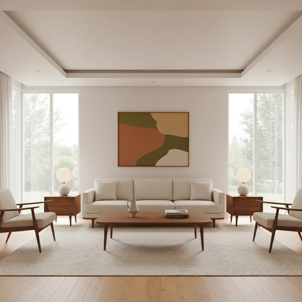 mid century modern living room with low sofa and walnut furniture