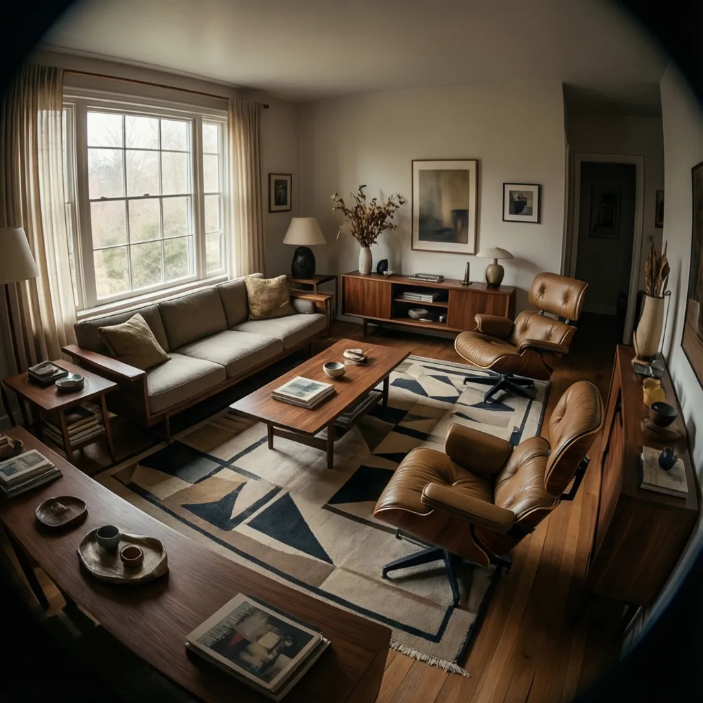 Open mid century modern living room with wood furniture and large windows