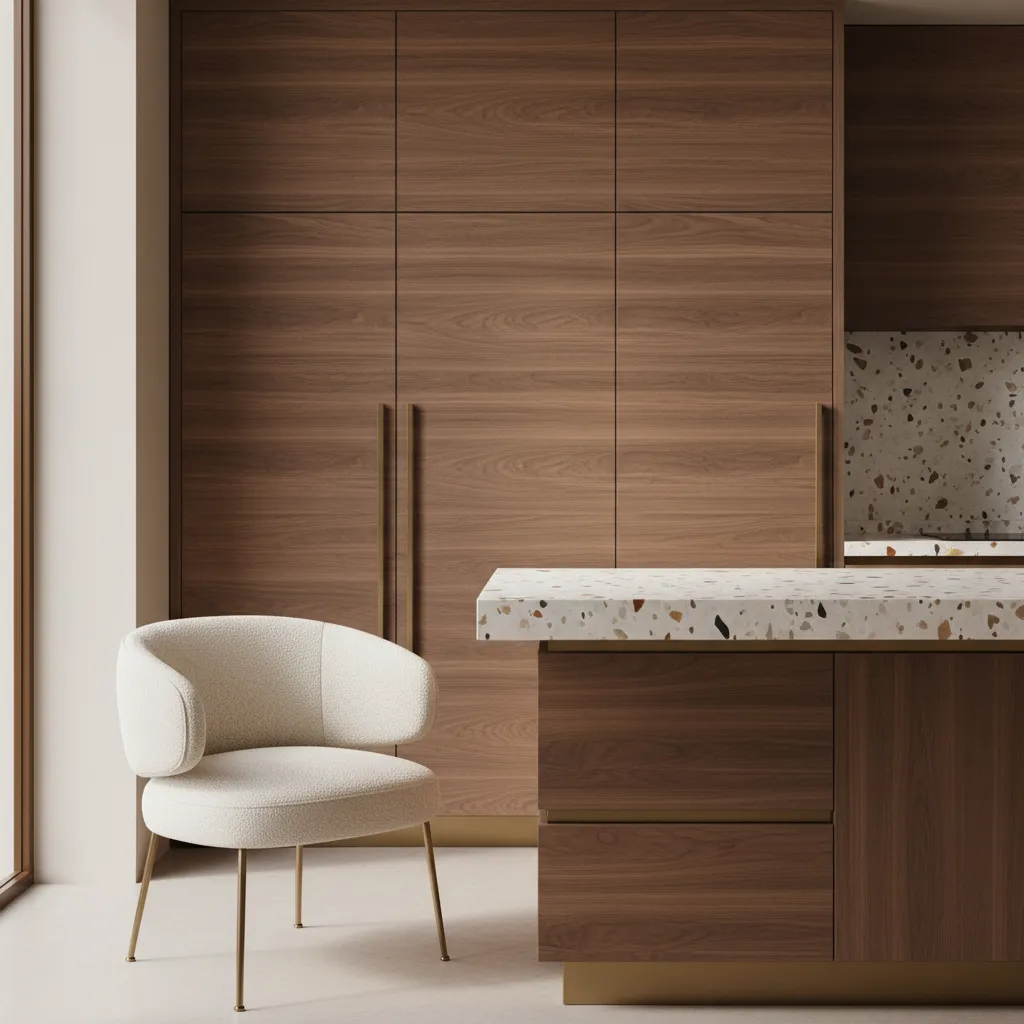 close view of walnut furniture terrazzo surface and mid century textures