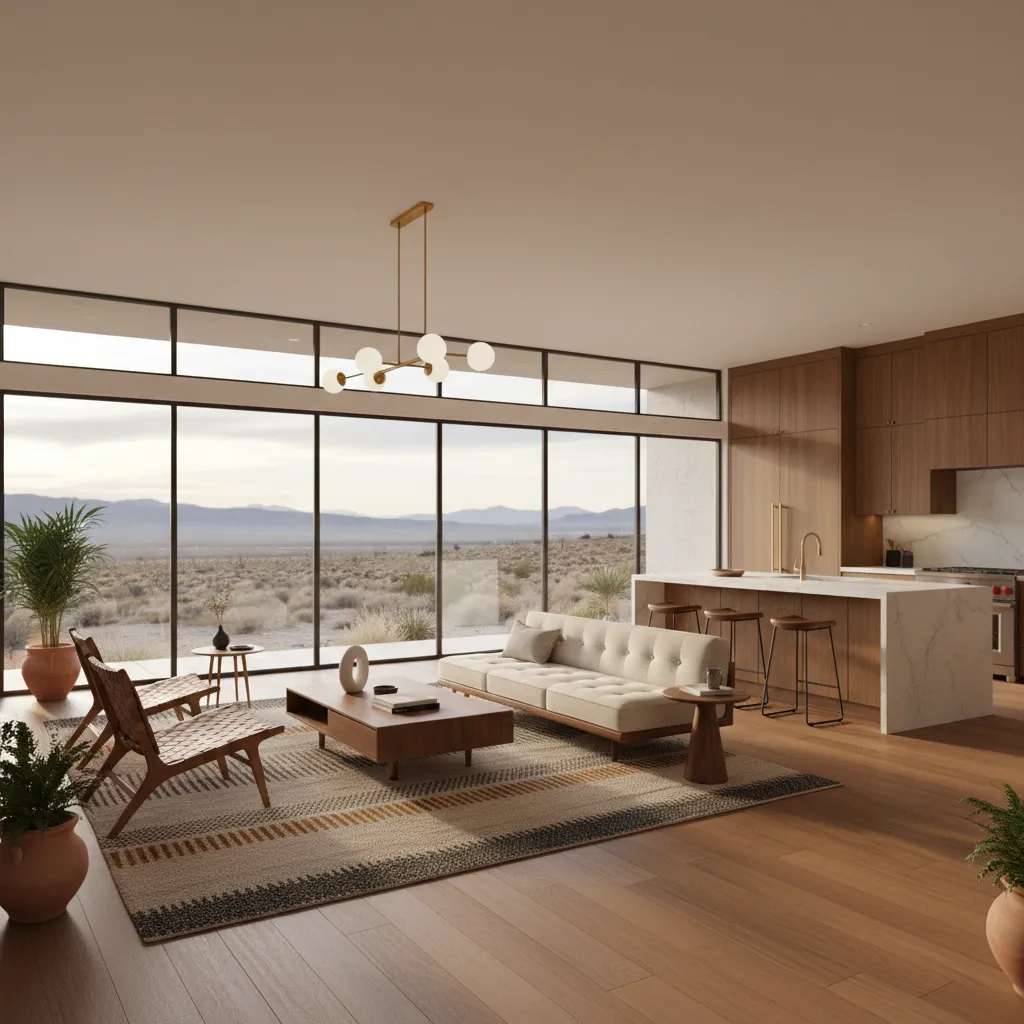 Mid century modern furniture inside updated ranch style open living space