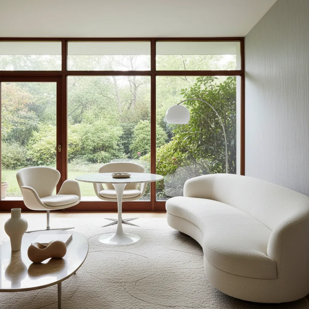 Sala de estar moderna con muebles inspirados en Saarinen