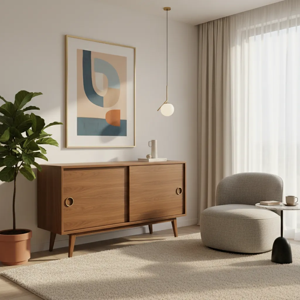 Mid century modern storage credenza in a compact apartment interior