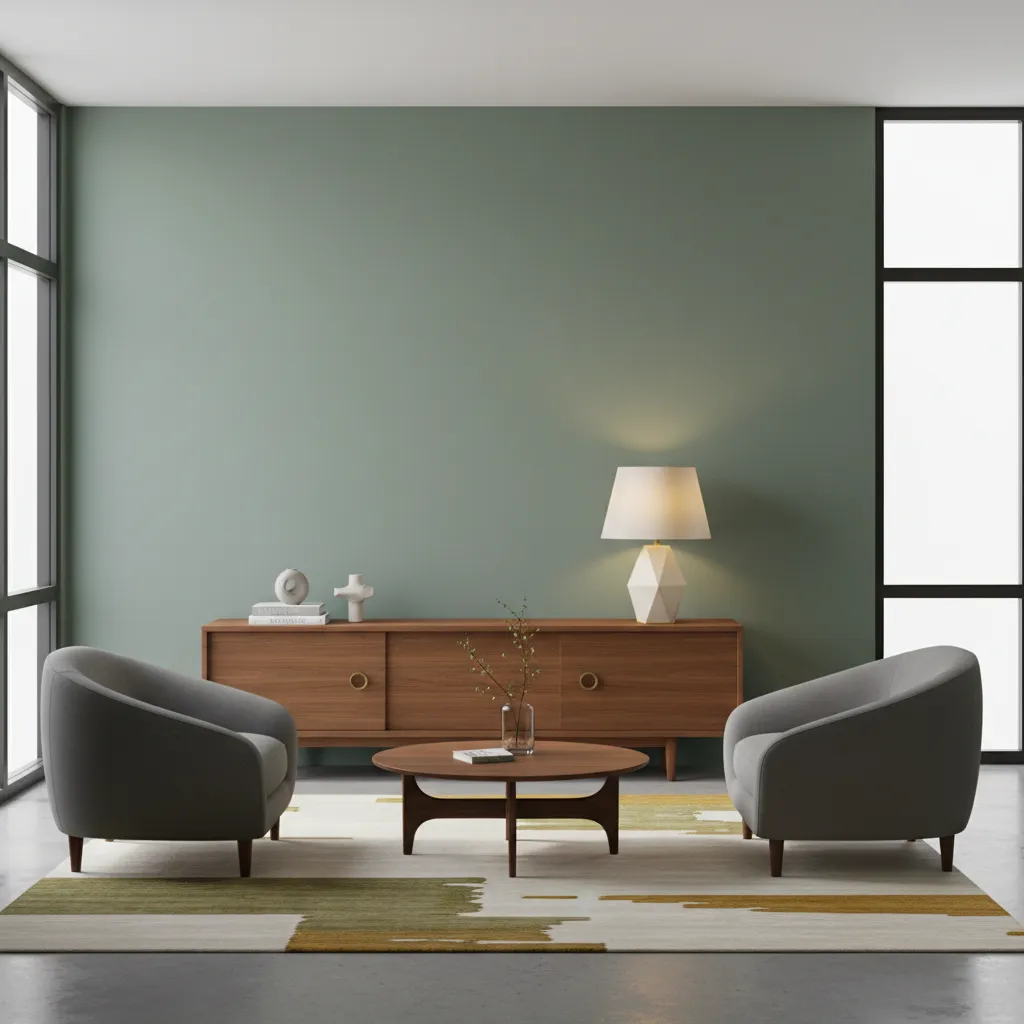 Soft sage green wall with teak mid century furniture