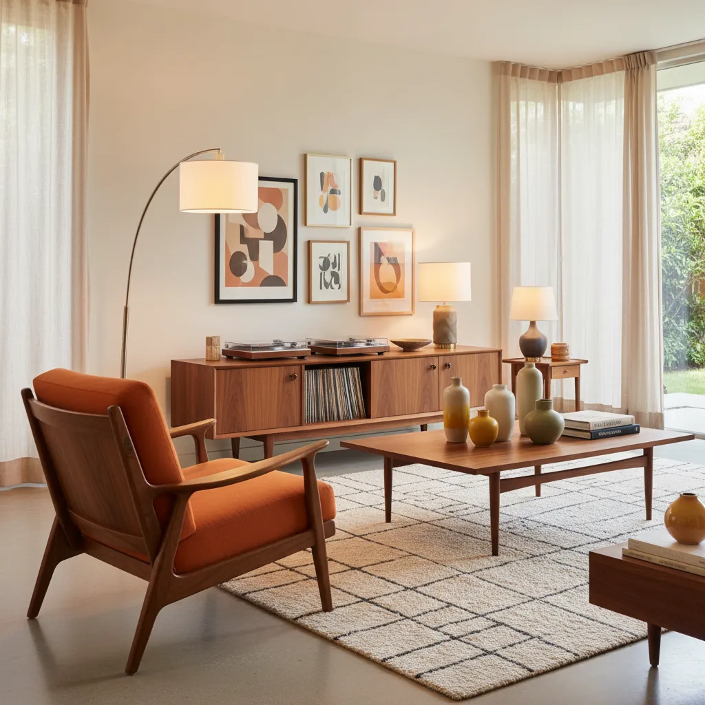 Salón estilo mid century con sillón naranja y madera natural
