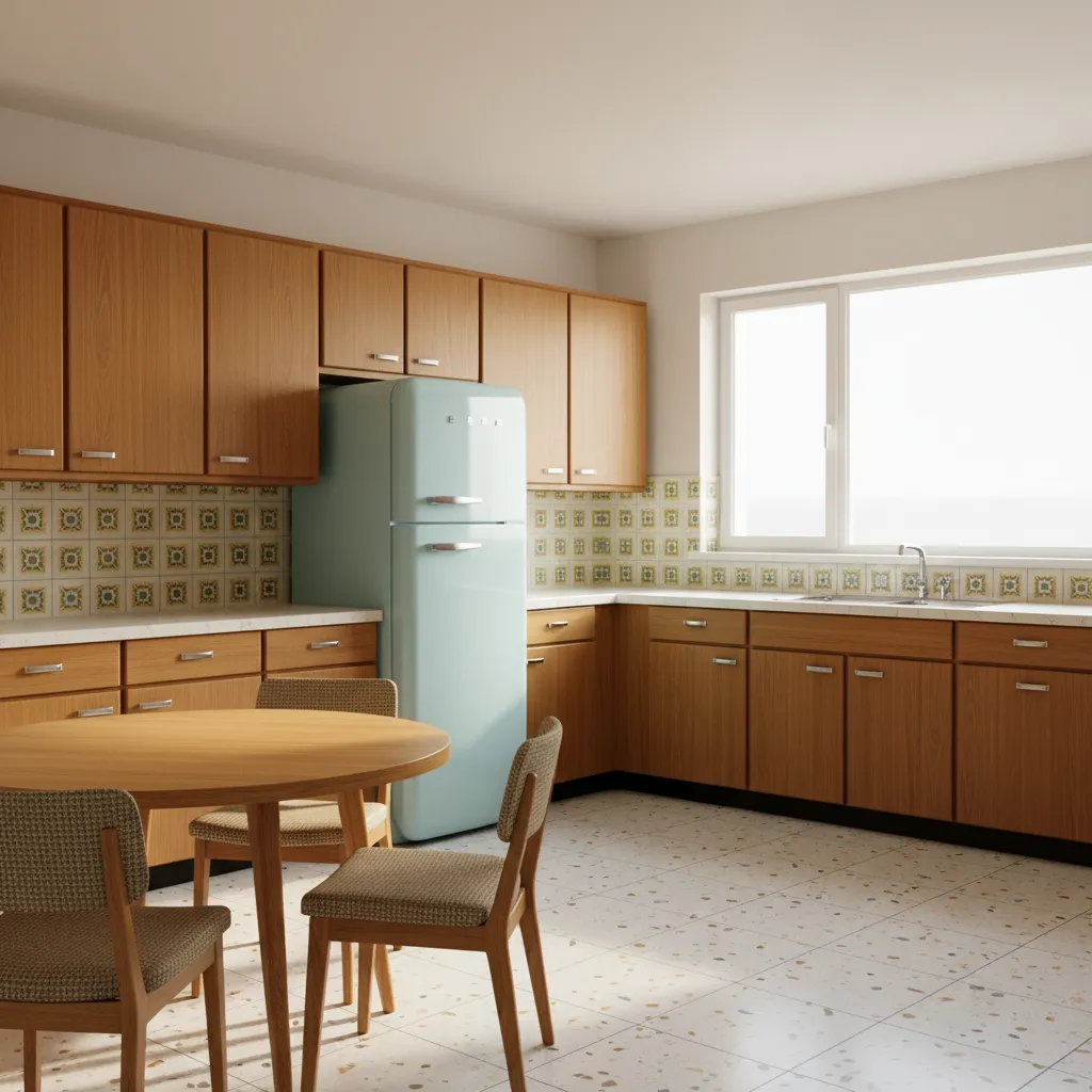 Mid century kitchen with colorful retro refrigerator and chrome accents