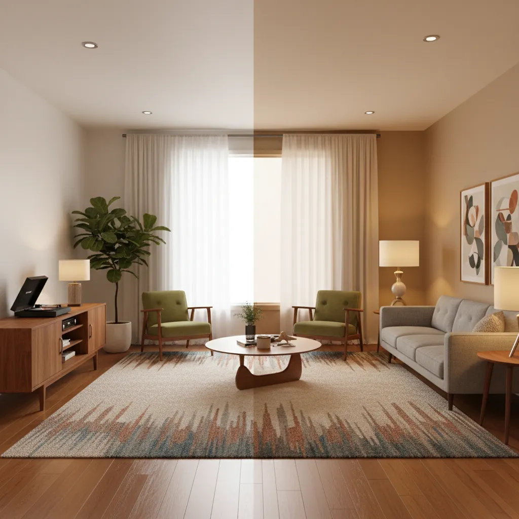 Comparison of natural daylight and warm artificial lighting in a mid century interior