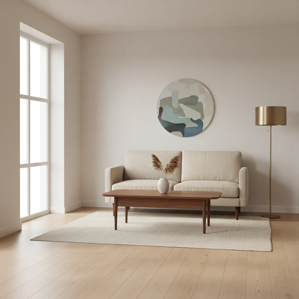 Small mid century modern living room with compact sofa and tapered furniture legs