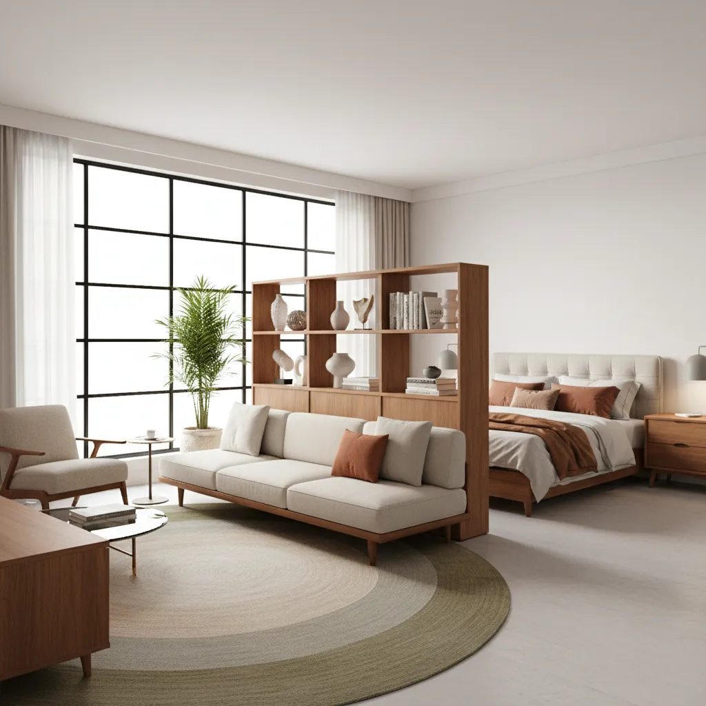 Studio apartment using mid century furniture to divide living and sleeping zones