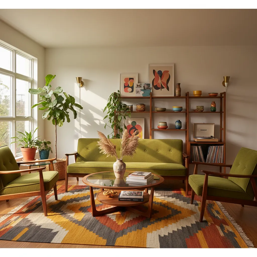 Retro living room with green sofa wooden coffee table patterned rug and white wall light