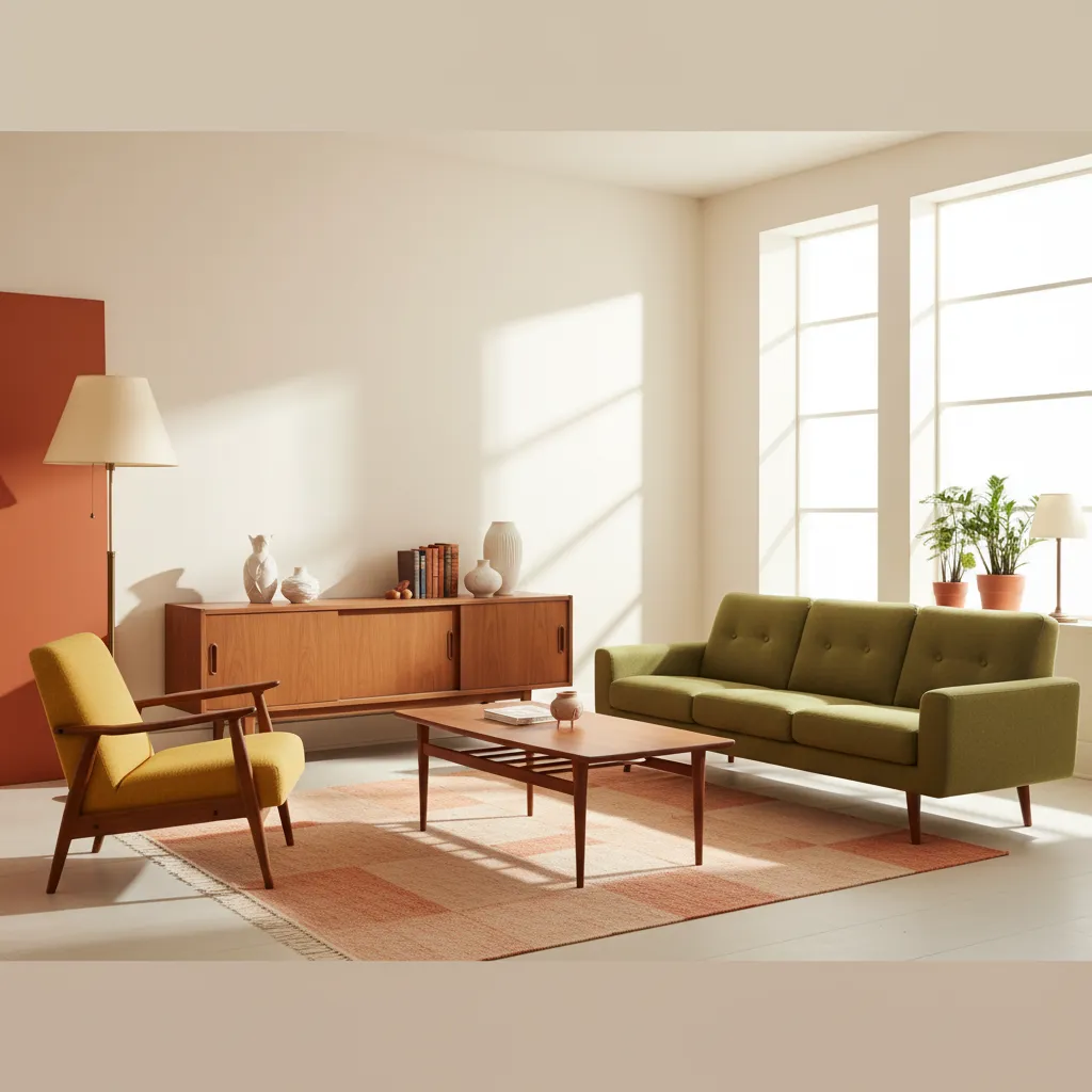 Sala de estar con muebles mid century vintage y madera natural