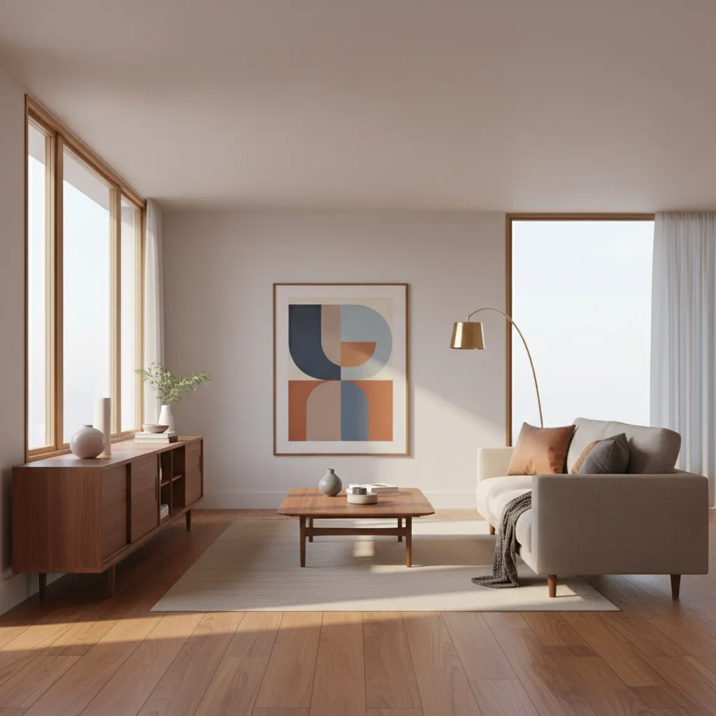 Mid century living room with walnut furniture and subtle brass lighting
