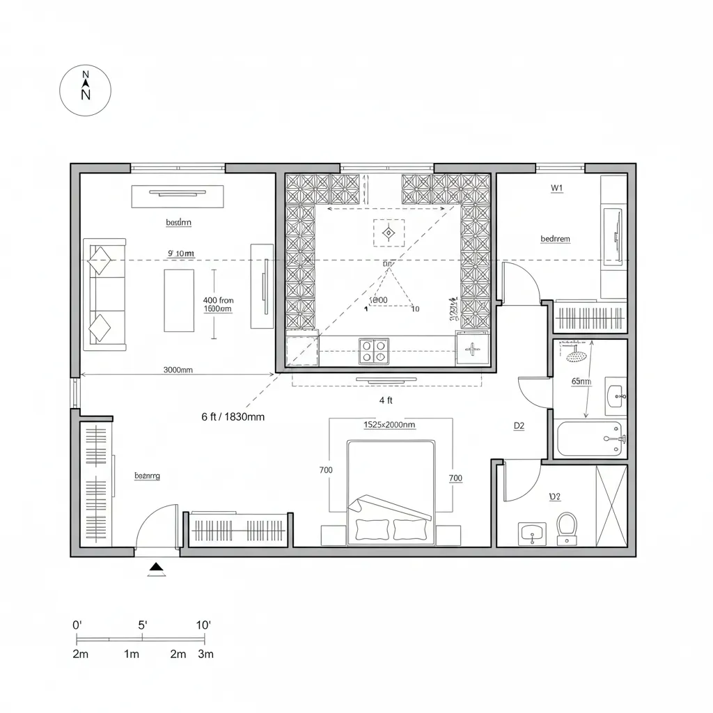 Top-down CAD plan of 10x30 ft with mid-court ventilation well, looped circulation, kitchen, bath, bedroom