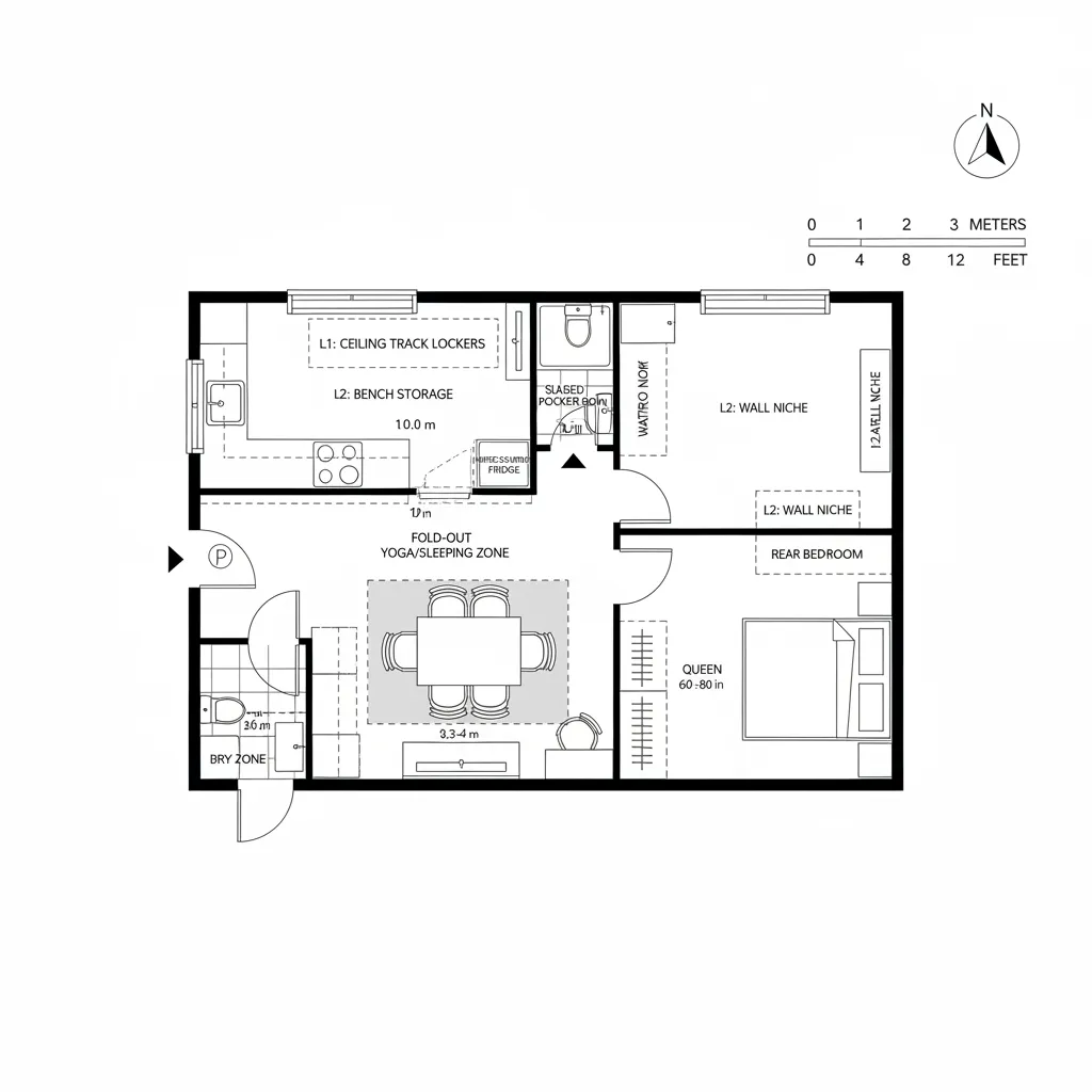 2D CAD plan showing side mid-entry with central flex bay, parallel galley, sliding bath, and rear bedroom