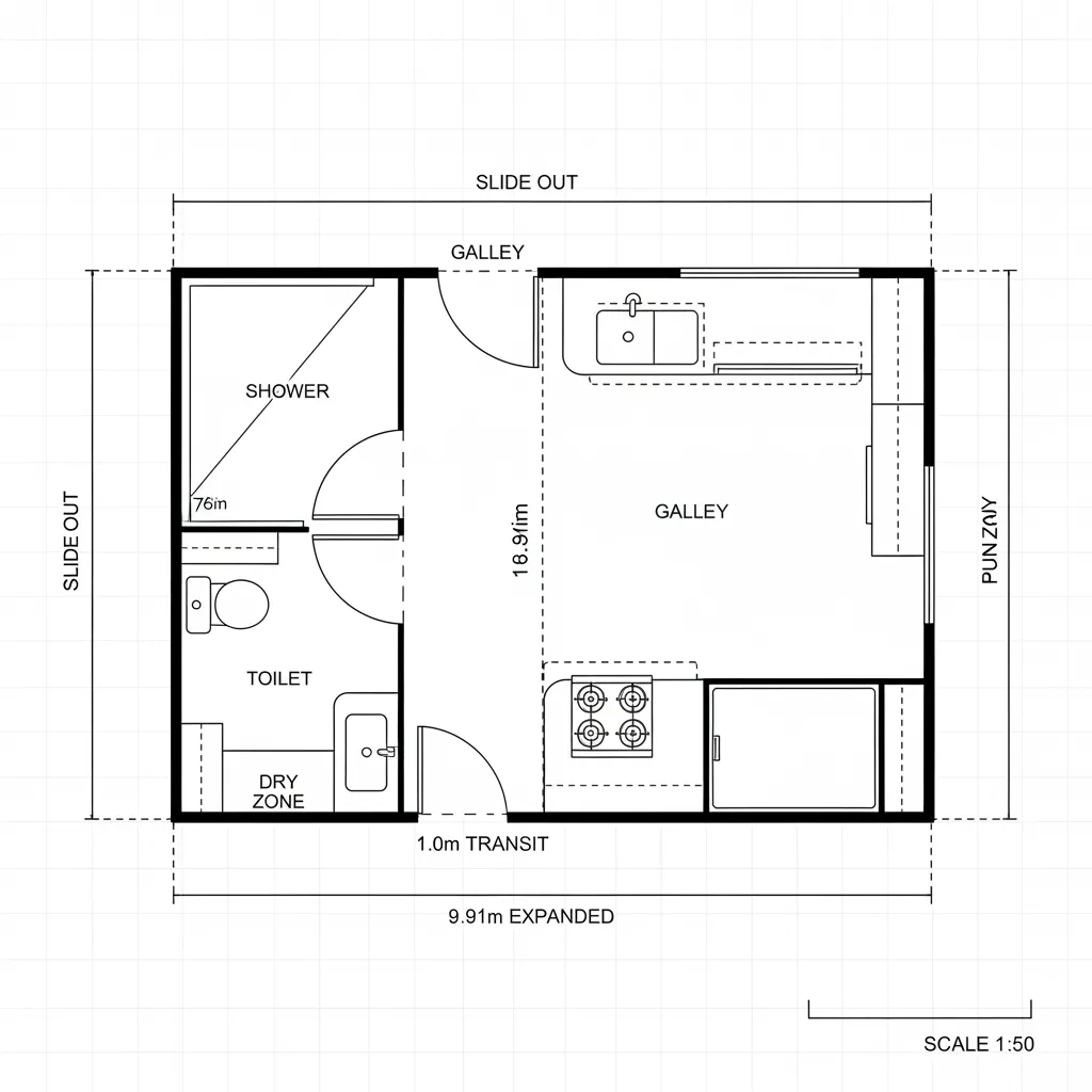 Top-down CAD plan of mid galley and split bath spine with utilities centered