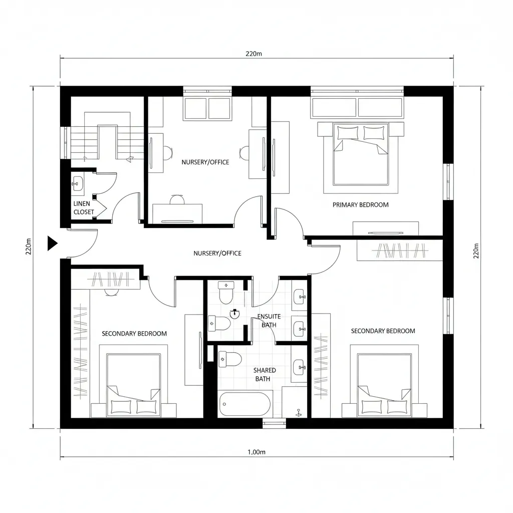 2D floor plan showing primary bedroom secondary bedrooms shared bathrooms and a labeled room layout design