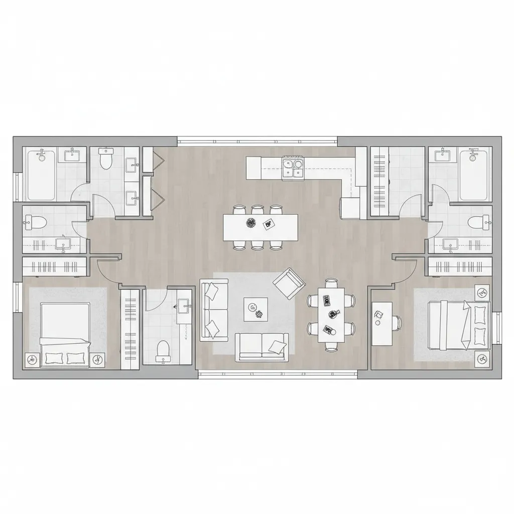 Clean architectural floor plan of a mid size apartment layout