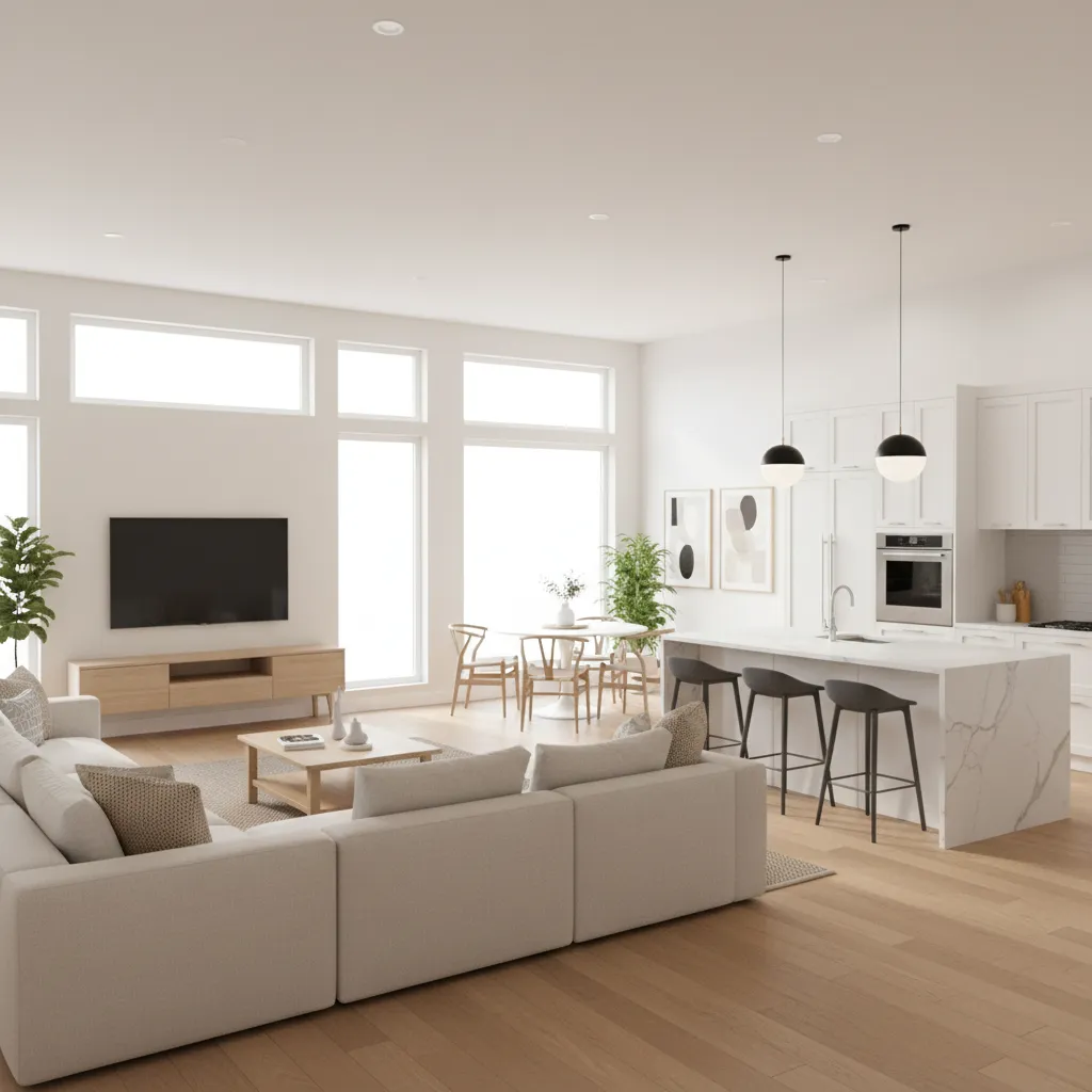 modern 1725 sq ft family home interior with open living room and kitchen layout