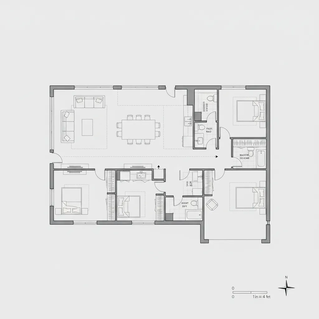 Top view architectural floor plan of a 2150 sq ft modern house layout with labeled zones
