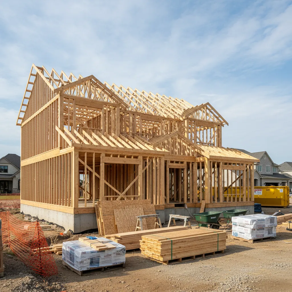 mid size residential house framing structure during construction