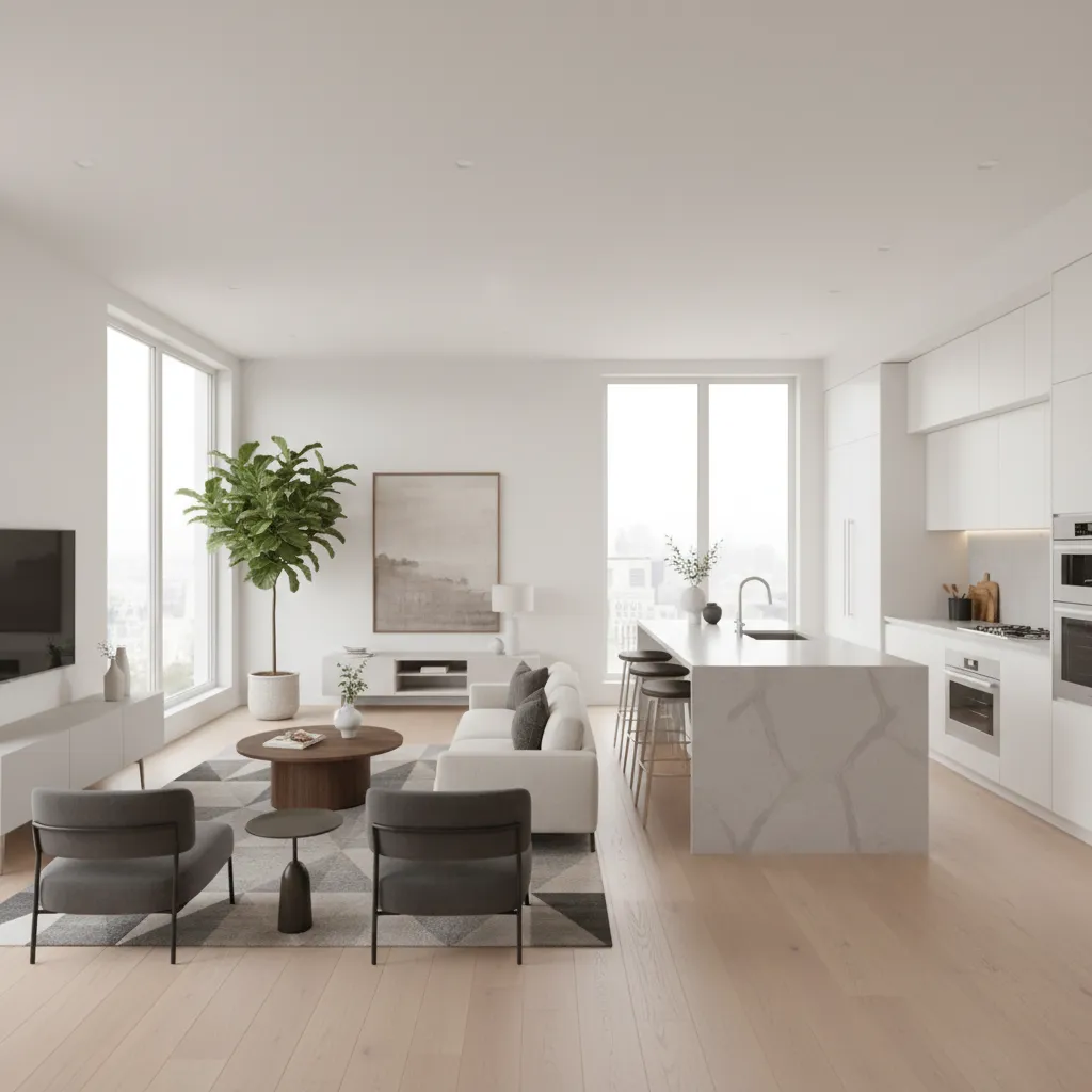 Open concept living room and kitchen layout in a mid size home