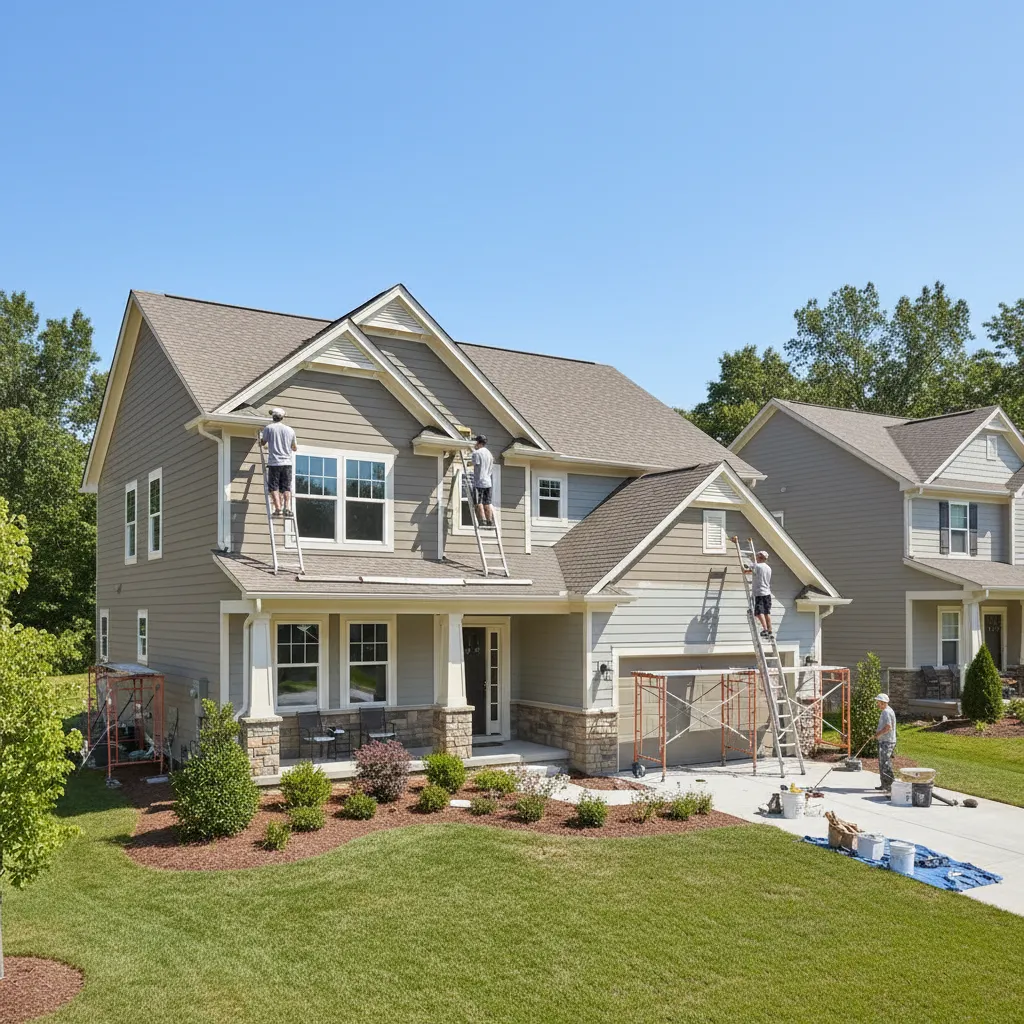 Crew painting the exterior of a mid size suburban home around 2000 square feet