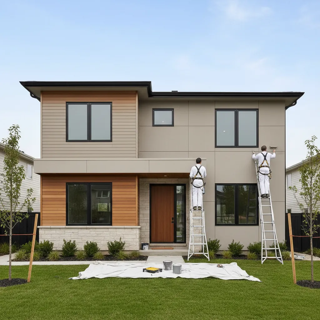 suburban home exterior being painted by professionals