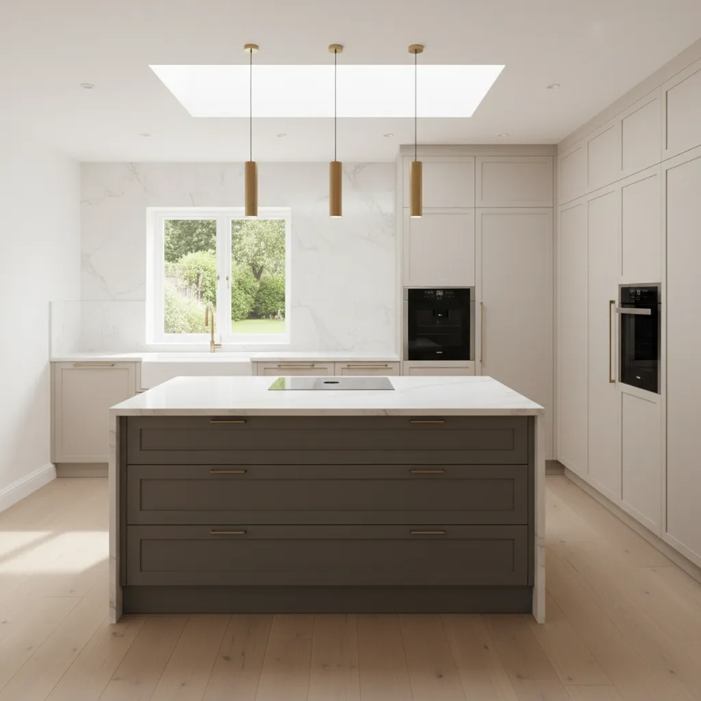 Mid sized kitchen extension with island and skylight