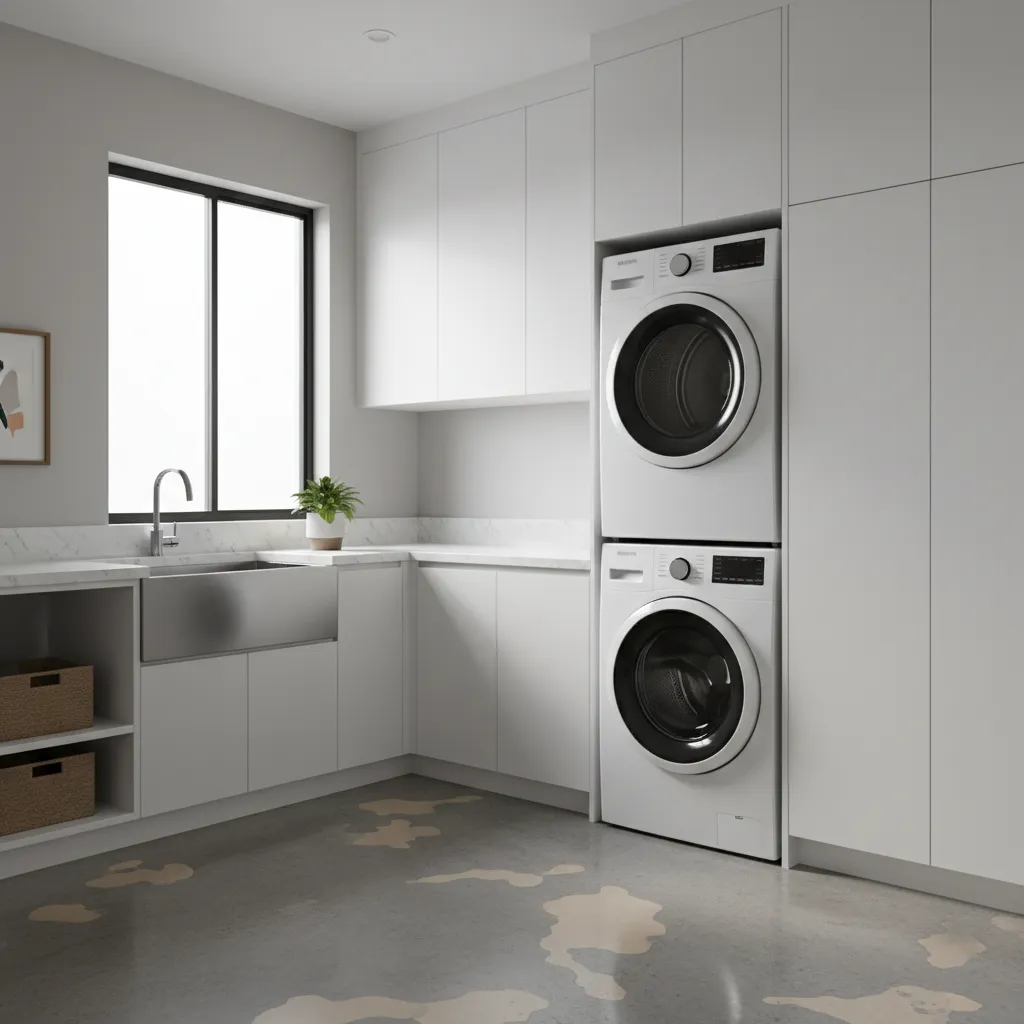 Laundry room with mid tone gray painted concrete floor hiding imperfections