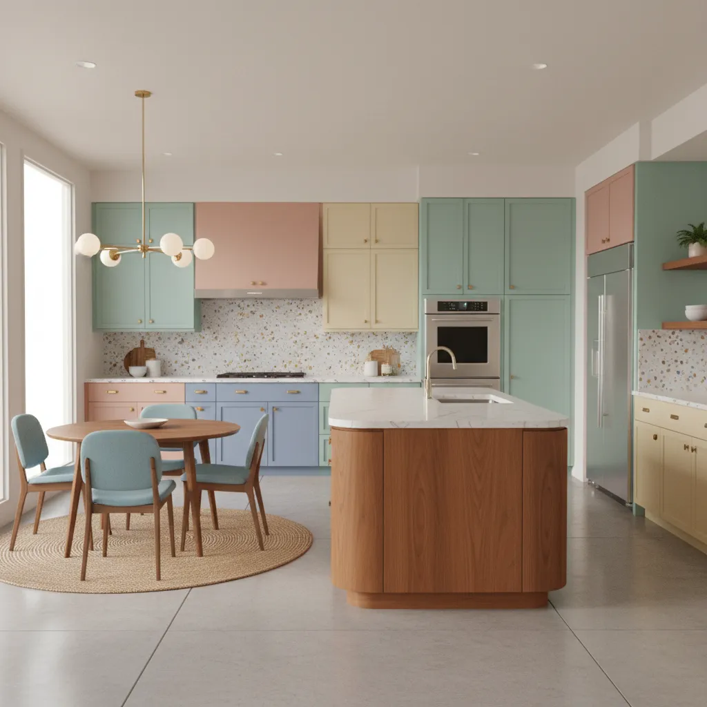 Hybrid kitchen combining mid century colors with modern layout and appliances