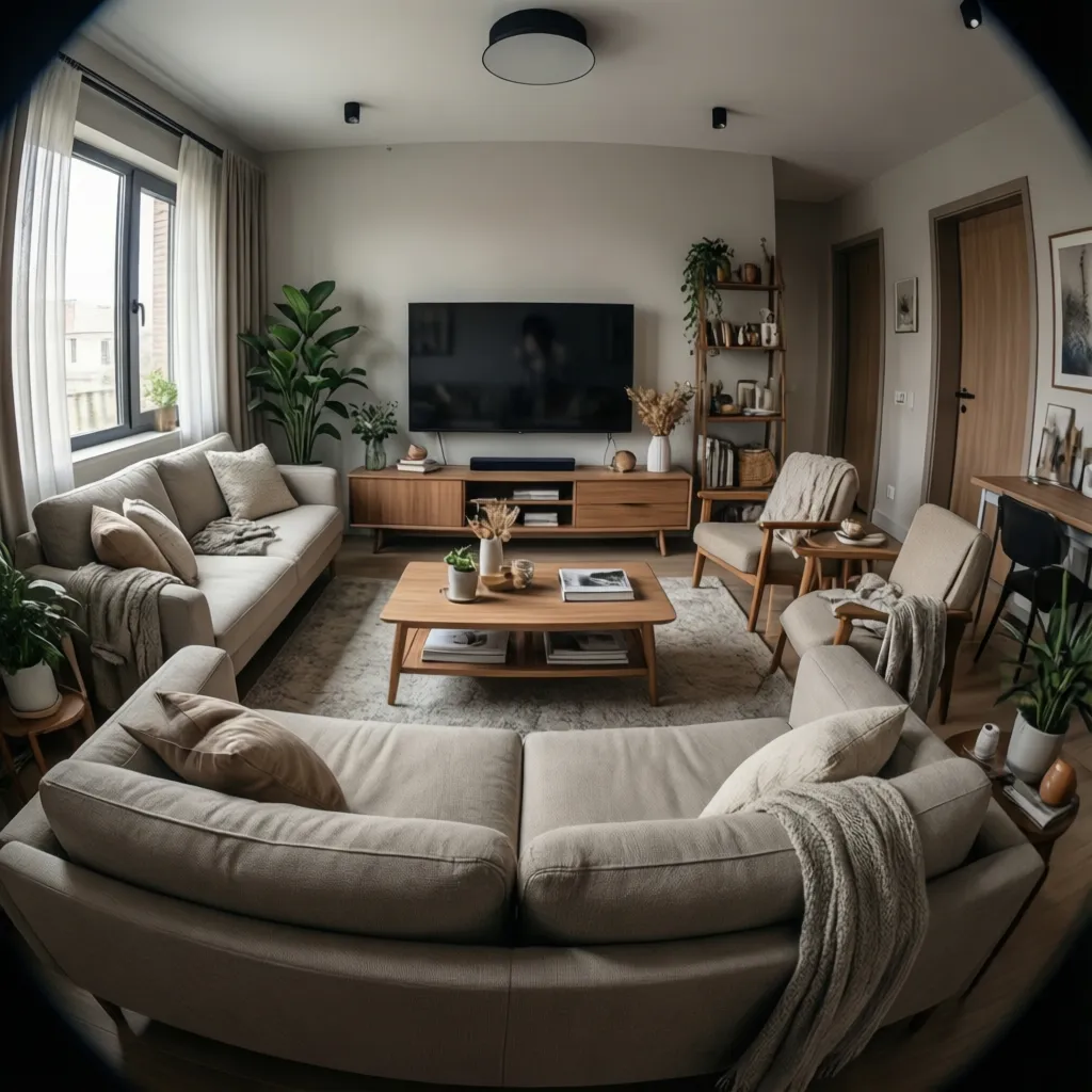 Affordable middle class living room layout with sofa, rug and balanced furniture placement