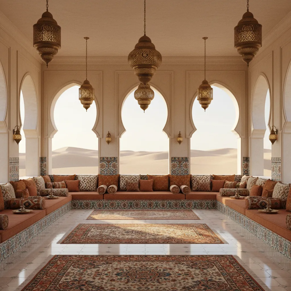 Middle Eastern interior lounge with arches lantern lighting and majlis seating