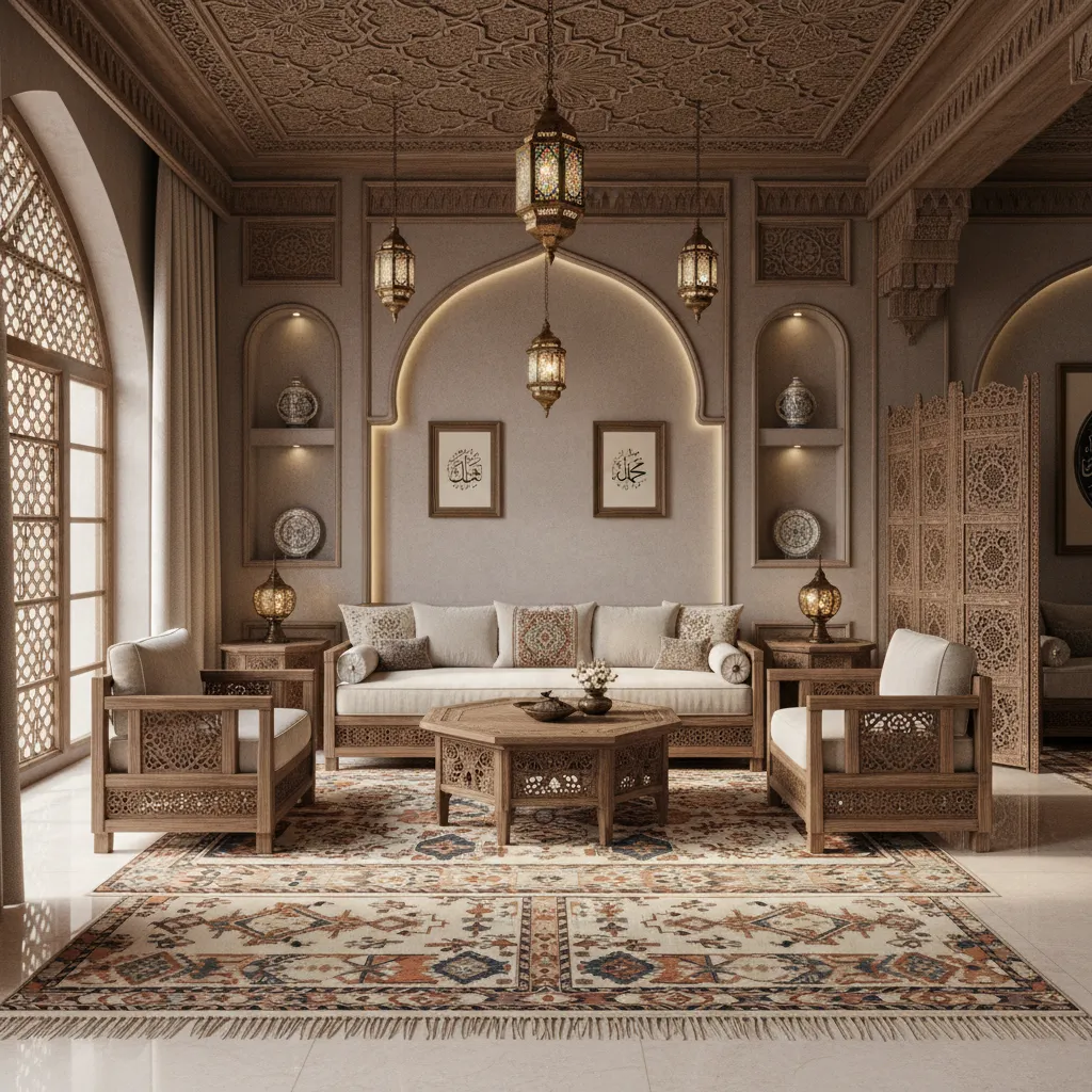 Interior space showing blended Middle Eastern decorative elements with textiles and geometric patterns