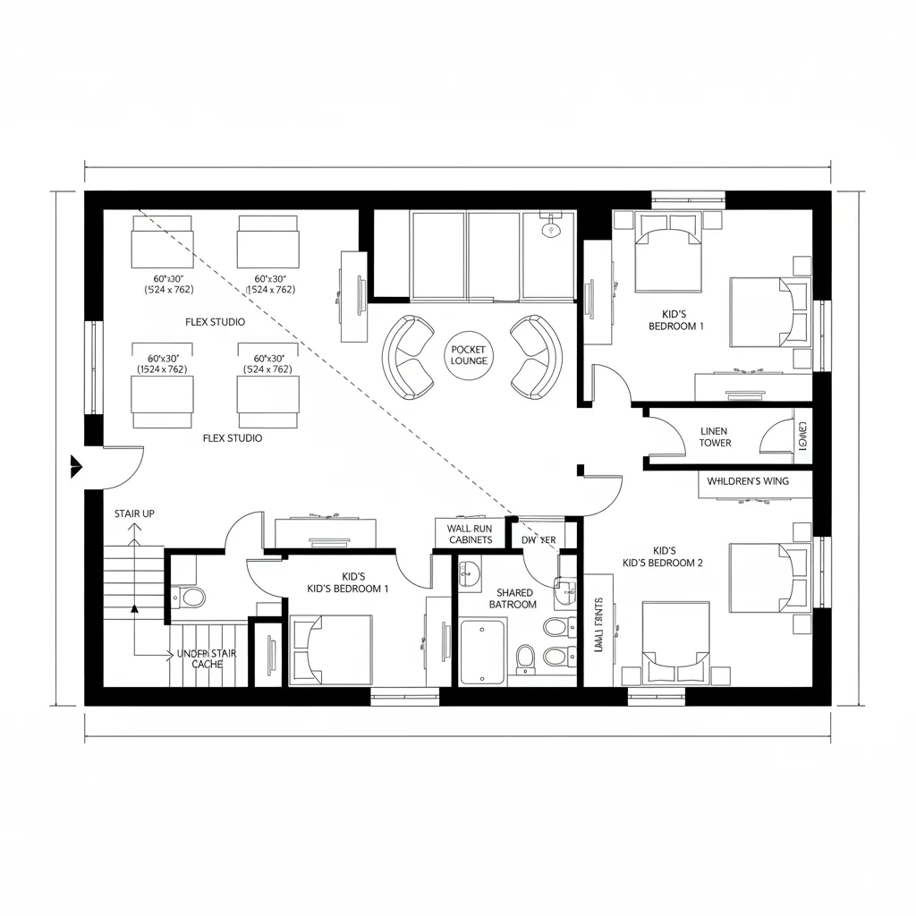Middle Level: Flexible Work-Lounge + Kids’ Wing