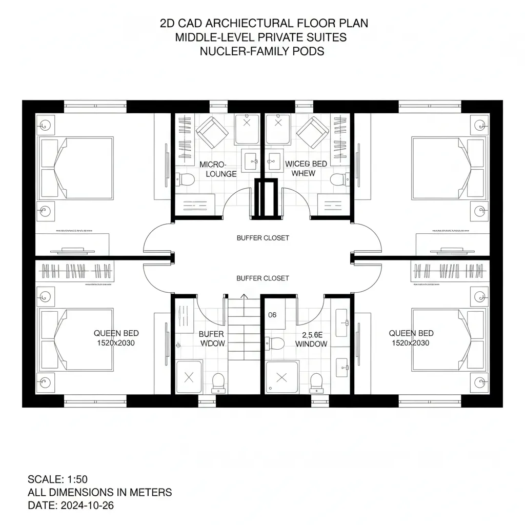 Middle-level plan with two suites, shared linen, and micro-lounge