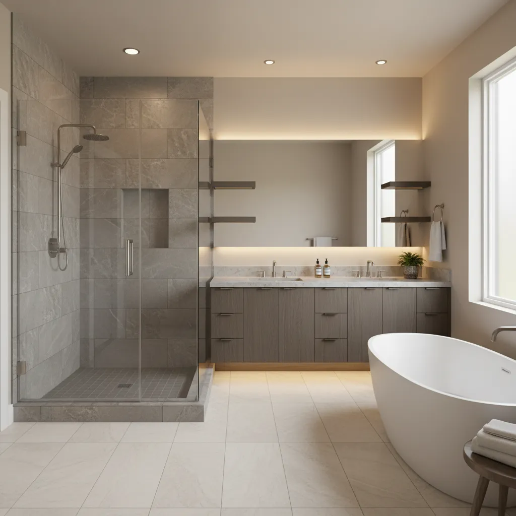 midrange bathroom remodel with tiled walk in shower glass enclosure and quartz vanity