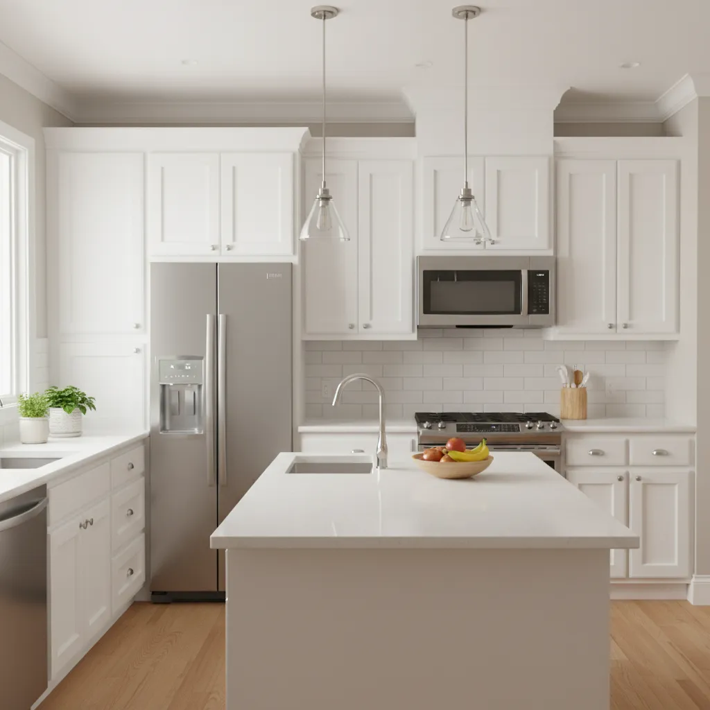 midrange kitchen remodel with quartz countertop shaker cabinets and modern lighting