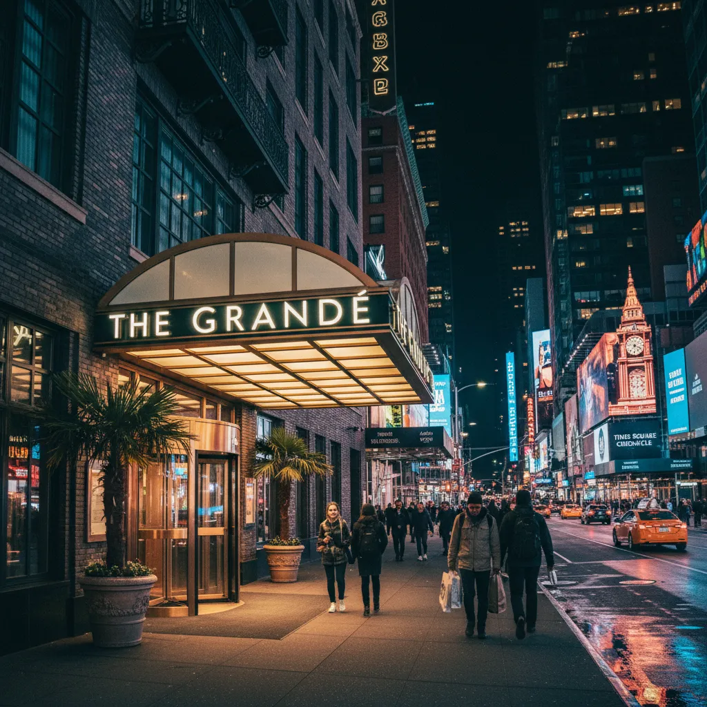 Boutique hotel exterior street view in Midtown Manhattan near Times Square at night