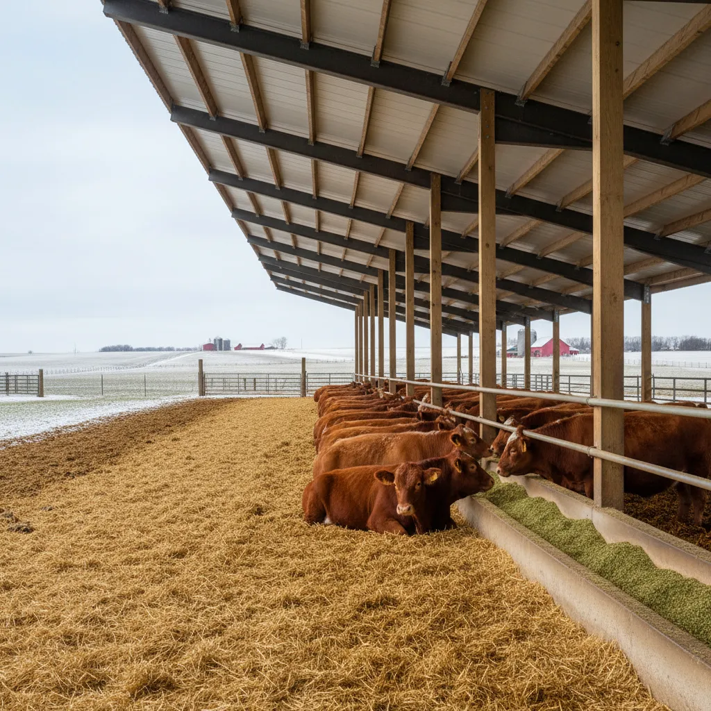 open front beef cattle barn housing steers in Wisconsin farm setting