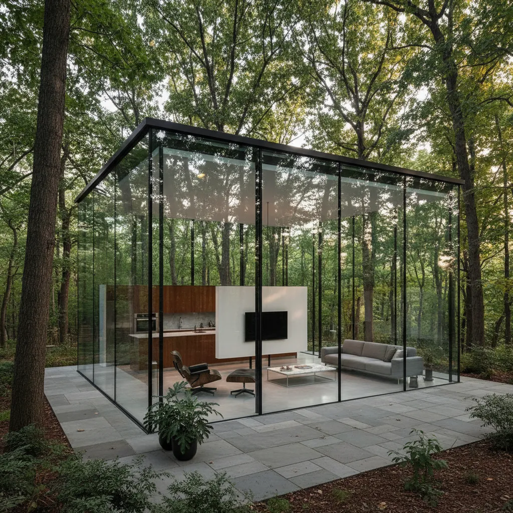Casa moderna con paredes de vidrio inspirada en Mies van der Rohe